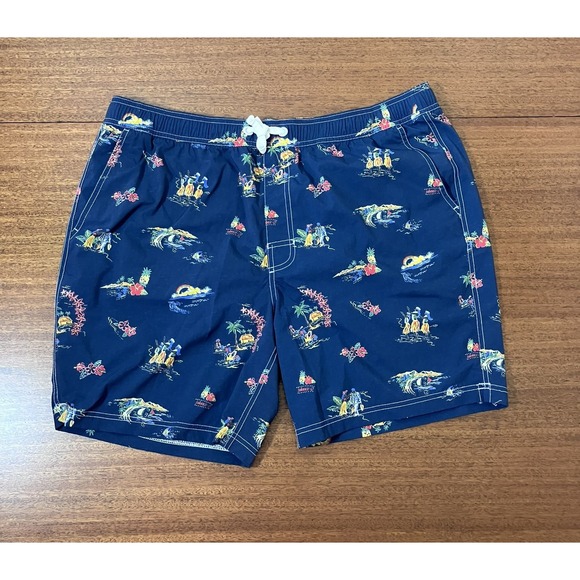 Johnnie-O Waikiki Swim Trunks Board Shorts XL Navy Hawaiian Print Mesh Lined - Picture 1 of 14